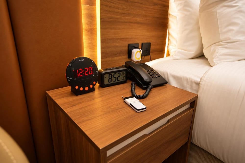 Double Room – Disability Access: wooden bedside table with an alarm clock, clock and telephone